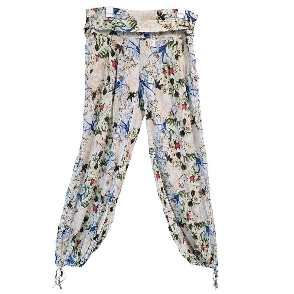 Cotton Daisy White Floral Print Boho Harem Pants Smocked Waist Tie Belt - Picture 2 of 9